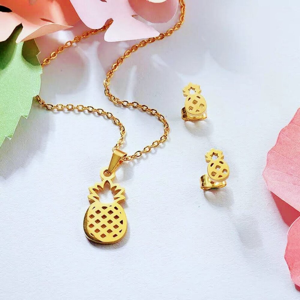 🍍 Pineapple Necklace and Earrings Set | 316L Stainless Steel | Gold Color